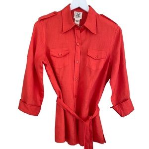 Chaus Organic Coral Red 100% Organic Linen Belted‎ Button Down Top Size Small